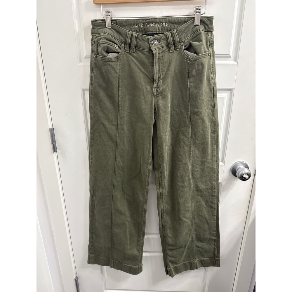 American Eagle Low-Rise Baggy Wide Leg Pants Olive Green Front Seam Utility Sz 2